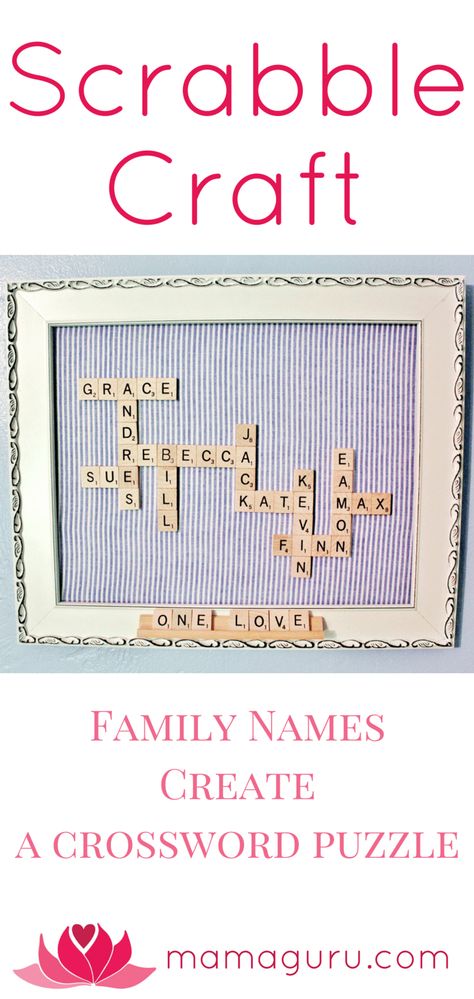 Here is a sweet DIY Project from Mamaguru: A Scrabble Craft using family names. Use game tiles to form a crossword puzzle with family names.… How To Make Scrabble Family Names, Scrabble Tiles Diy, Scrabble Family Names, Scrabble Gifts, Diy Inspiration Board, Homemade Gift Idea, Scrabble Crafts, Mops Crafts, Scrabble Wall Art