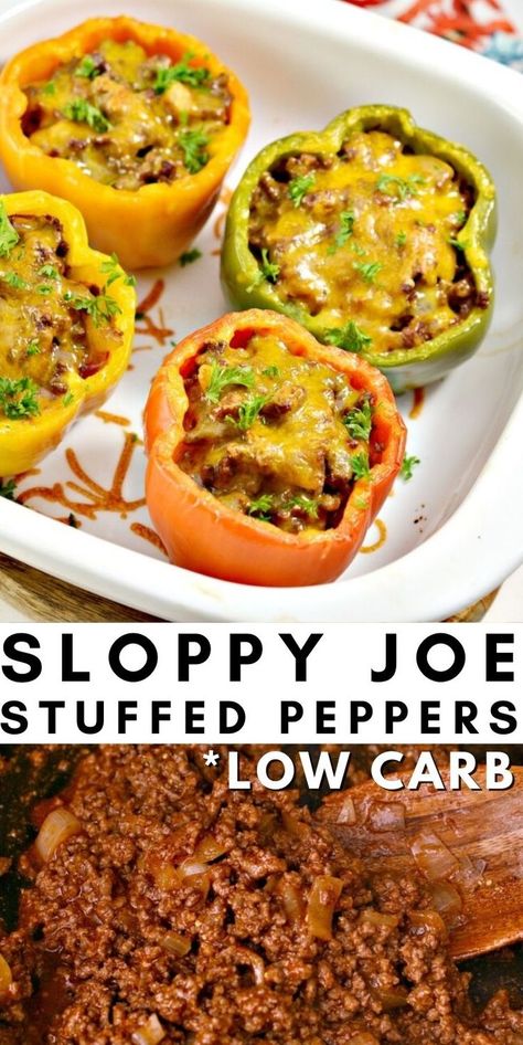 Healthy Dinner Recipe For Diabetics, Easy Delicious Low Carb Dinners, Easy Hardy Meals, Carb Free Hamburger Recipes, Sloppy Joe Peppers, Sloppy Joe Stuffed Bell Peppers, Low Carb Stuffed Bell Peppers Beef, Stuffed Bell Peppers Ground Beef Low Carb, Sloppy Joe Casserole Keto