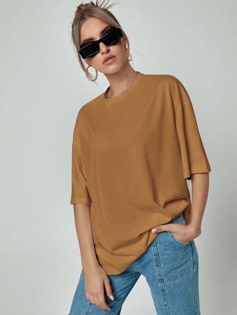 Solid Drop Shoulder Oversized Tee | SHEIN USA Drop Shoulder Tshirt, Oversized Shirts, Plain Tees, Leisure Time, Oversized Tee, Biker Shorts, Oversized Shirt, Half Sleeve, Elegant Woman