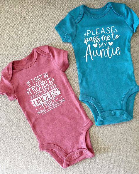 Completed with iron on vinyl, aunt & uncle related onsies for baby girl Auntie Onesies, Auntie Baby, Cricut Baby, Pregnancy Announcements, Cricut Joy, Baby Supplies, Second Baby, Iron On Vinyl