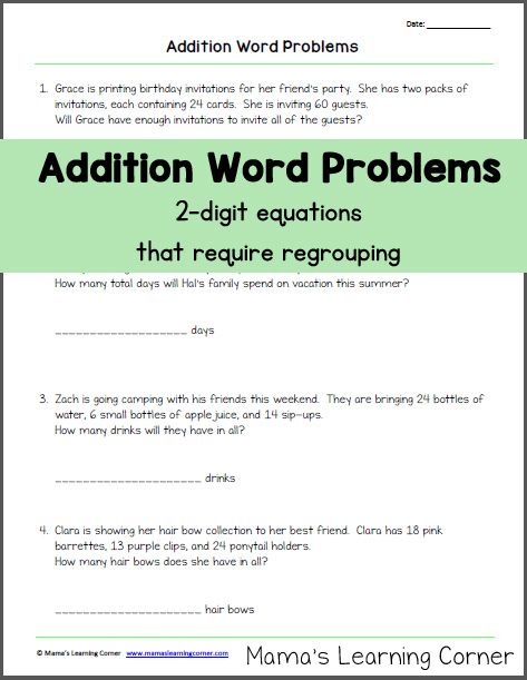 Download a worksheet for your young learner to practice addition word problems with regrouping. Uses 2-digit equations. 2 Digit Addition, Adjectives Activities, Basic Sight Words, Addition Words, Learning Corner, Addition Kindergarten, Sequencing Worksheets, Everyday Math, Addition Word Problems