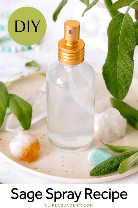 DIY sage spray in spray bottle shown with crystals and fresh sage. Smudging Without Sage, How To Make Sage Spray, How To Make Sage Oil, Diy Sage Spray, Diy Smudge Spray, How To Make Smudge Spray, Sage Spray Diy, Smudge Spray Diy, Room Cleansing Spray