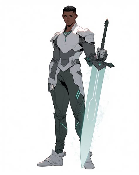 Drawing Hero Poses, Armored Superhero Design, Superhero Landing Pose Reference, Sci Fi Swordsman, Modern Knight Character Art, Space Warrior Character Concept, Warrior Reference Pose, Swordsman Poses Drawing Reference, Weaponsmith Character Design