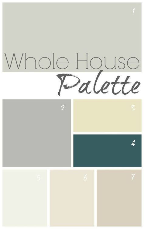 This modern farmhouse palette adds a touch of color to its traditional grays and white with teal and apple green. Click for Benjamin Moore and Valspar colors. Whole House Palette, Modern Farmhouse Color Palette, Whole House Color Palette, House Color Palette, Farmhouse Color Palette, House Palette, Farmhouse Color Scheme, Farmhouse Color, Rustic Color Palettes