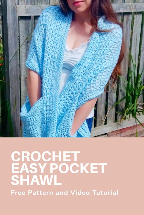 Crochet this easy Pocket Shawl with the free pattern and video tutorial on my blog and YouTube channel (Selina Veronique Crochet). This is a great beginner crochet project. #crochetpattern #crochetpocketshawl #crochetpocketwrap #pocketshawl #pocketwrap #pocketscarf Crochet Patterns For Shawls And Wraps, Easy Pocket Shawl Crochet Free Pattern, Shaw With Pockets Crochet, Crochet Shawl With Pockets Pattern, Beginner Crochet Shawls And Wraps Free Patterns, Free Crochet Pattern For Pocket Shawl, Easy Pocket Shawls Free Pattern, Easy Crochet Shawl With Pockets Free Pattern, Shawls To Crochet