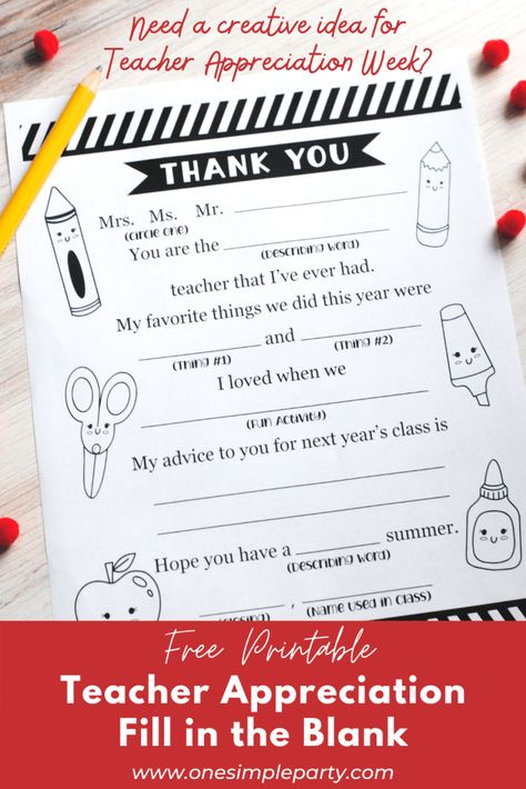 Teacher Fill In The Blank For Kids, Teacher Appreciation Fill In The Blank, Printable Teacher Appreciation, Describing Words, Teacher Holiday Gifts, Teacher Appreciation Printables, Appreciation Printable, Teacher Appreciation Cards, Teacher Thank You Cards