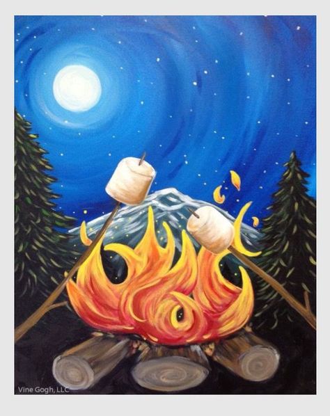 Camping Painting, Painted Pictures, Wine And Canvas, Art 2024, Paint Nite, Easy Canvas Painting, Canvas Painting Diy, Paint And Sip, Night Painting