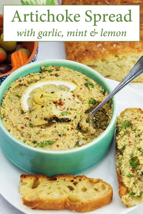 Bowl of artichoke spread, surrounded by bread, olives and pickled vegetables. Raw Veggies, Easy Treats To Make, Easy Treat, Artichoke Recipes, Oil Free Vegan, Summer Cooking, Spread Recipes, Lemon Mint, Italian Bread