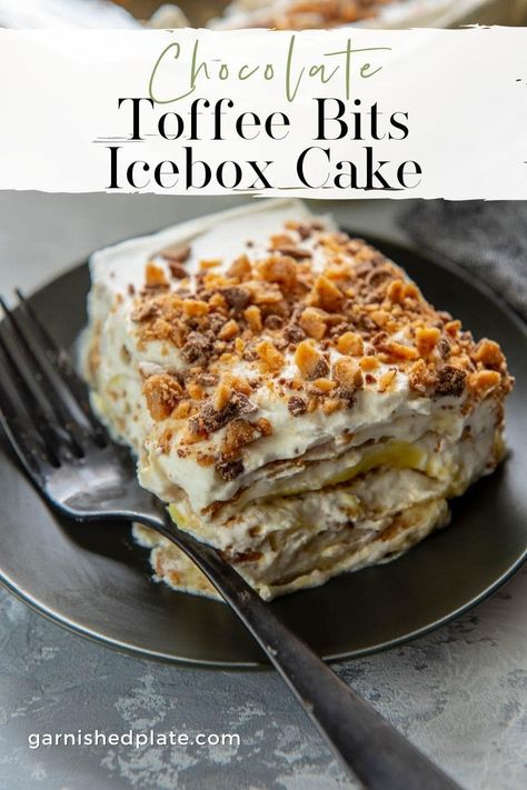 Have you ever had an icebox cake? This dessert is perfect for summer because there is no baking required!! This Chocolate Toffee Bits Icebox Cake is layered with pudding, whipped cream and toffee bits for a rich and delicious dessert that can be made in minutes! #iceboxcake #nobakedessert Toffee Dessert, Icebox Cakes, Whipped Cream Desserts, Icebox Desserts, Icebox Cake Recipes, Toffee Bars, Toffee Bits, Paleo Desserts, Ice Cream Pies