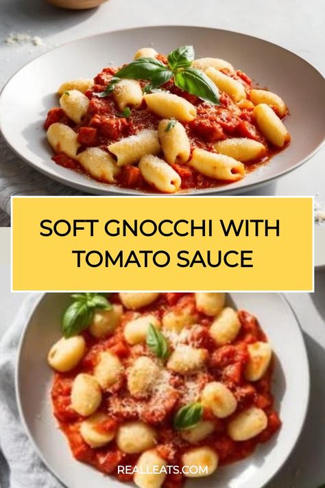 Soft gnocchi with rich tomato sauce, garnished with basil leaves. Gnocchi Tomato Recipes, Potato Gnocchi Recipes Sauces, Gnocchi With Tomato Sauce, Gnocchi With Tomato Cream Sauce, Gnocchi Recipes Tomato Sauce, Potato Gnocchi Recipes, Parmesan Cheese Potatoes, Potato Ricer, Italian Comfort Food