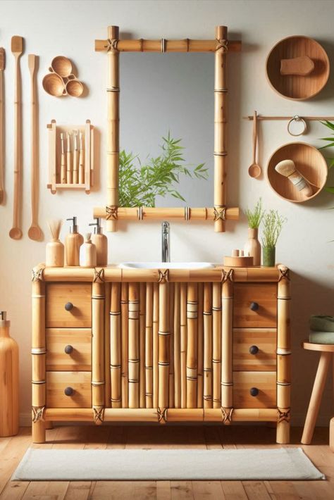 Go green without sacrificing style with this eco-friendly bamboo vanity. Natural finish brings warmth to your space. #EcoFriendly #BambooVanity Bamboo Tile Bathroom, Bamboo Tile, Bamboo Vanity, Bamboo Bathroom, Vanity Ideas, Eco Chic, Go Green, Tile Bathroom, Bathroom Vanity