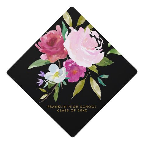 A pretty and bold graduation cap topper featuring a large watercolor floral bouquet in pinks and greens. Personalize with your graduation details in modern faux gold font and click "customize" to edit the background color. Painted Grad Cap, Bold Watercolor, High School Graduation Cap, College Graduation Cap Decoration, Diy Graduation Cap, Graduation Picture, Cap Decoration, Graduation Cap Toppers, Graduation Cap Designs