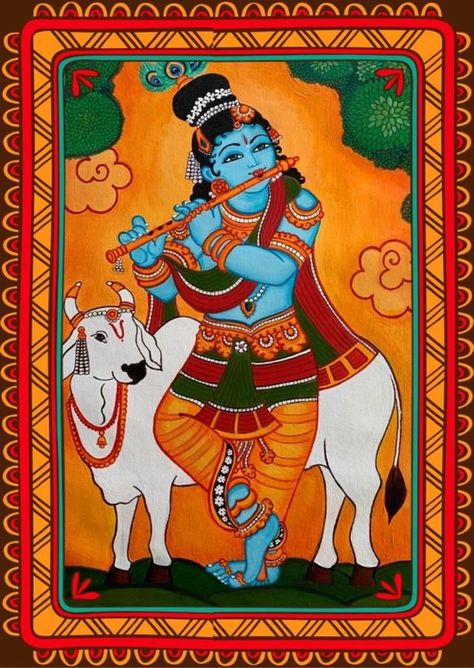 Lord Krishna Mural Painting, Krishna Mural Painting, Mural Paintings, Kalamkari Painting, Durga Painting, Kerala Mural Painting, Boho Art Drawings, Beautiful Art Paintings, Indian Painting