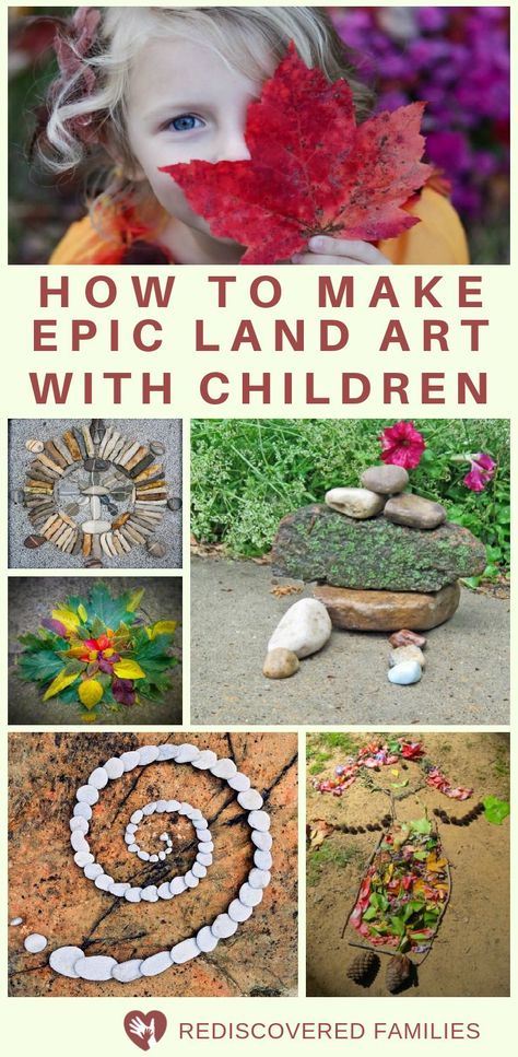 Are you looking for an easy outdoor activity? Try making Land Art. It’s a great way to get children outside and away from their screens. It’s a great family project and you’ll be amazed by your kids creativity and ideas. All you need is your imagination and some found natural materials. #natureplay #familiesinnature #outdoorkids Outdoor Nature Activities, Forest School Activities, Waldorf Homeschool, Camp Crafts, Nature Projects, Nature School, Nature Play, Family Project, Preschool Ideas