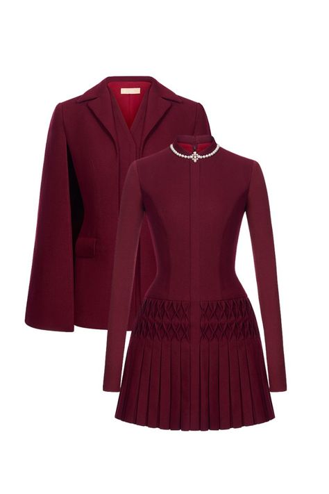 Bordeaux Cape Blazer with Smocked Mini Dress - 2 pieces set, includes a mini dress and a cape to create a complete outfit- Non-stretchy fabric - Invisible zipper back side- Fully lined- A-line shape- Made in Vietnam Composition: Main: 63% Tyron, 33% Rayon, 4% Spandex, Lining: 100% PolyesterWaist to hem: 43cm Model height is 170cm, is wearing S Please note this item is made-to-order and therefore not available for a refund. Blazer Cape, Cape Blazer, Smocked Mini Dress, Knitwear Outfit, Happy Clothes, Classy Work Outfits, Dresses By Length, Complete Outfits, Lookbook Outfits