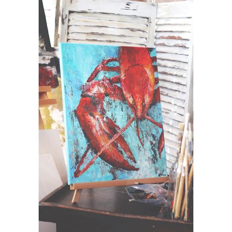 Crawfish Painting with Acrylic 4x4 Paintings, Crawfish Painting Easy, Crawfish Art, Crawfish Painting, Watercolor Crawfish, Painted Lobster, Cajun Kitchen, Cajun Paintings Louisiana, Crab Oil Painting