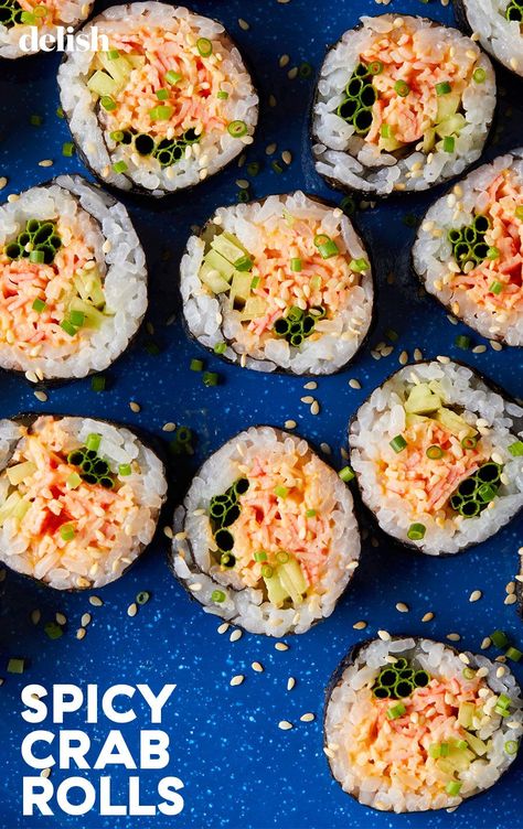 Sushi With Crab Meat, Crabmeat Sushi Rolls, How To Make Spicy Crab Sushi, Spicy Crab For Sushi, Imitated Crab Sushi, Homemade Sushi Rolls Crab, Sushi Spicy Crab, Crab Meat Sushi Recipes, Crab Filling For Sushi