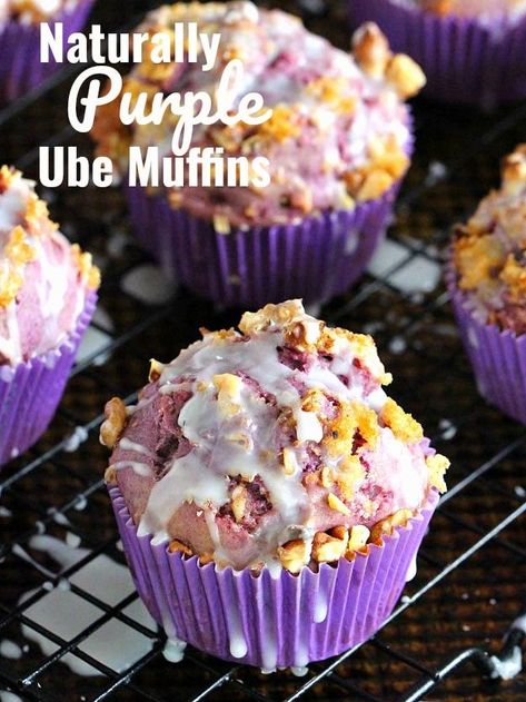 Ube Muffins are insanely delicious and naturally purple. Topped with toasted walnuts and brown sugar these are fun to make and fun to eat. #ube #muffins #brunch #purple #sweetandsavorymeals Ube Muffins, Ube Cupcake Recipe, Ube Dessert Recipe, Ube Recipes, Individual Cakes, Vanilla Glaze, Filipino Desserts, Toasted Walnuts, Food Cakes