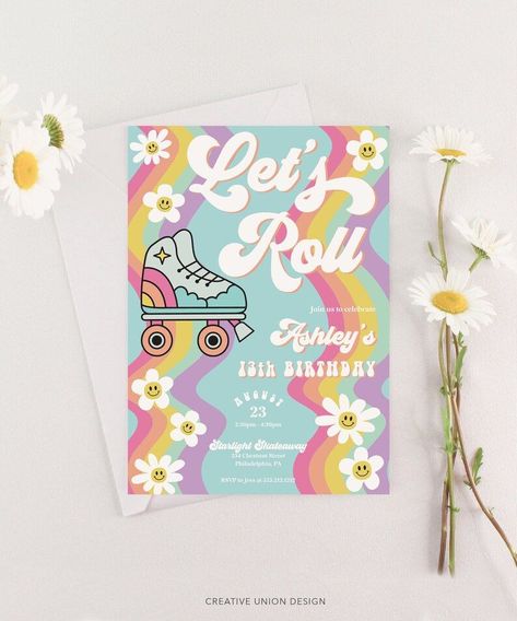 Let roll with this fun retro roller skating birthday party invitation! Great for any age!Easily edit all of the colors! Groovy Skate Birthday Party, Skating Birthday Party Ideas, Retro Roller Skating Party, 6th Birthday Theme, Roller Skating Birthday Party Ideas, Roller Rink Birthday Party, Roller Skating Party Invitations Free Printable, Free Roller Skating Party Invitations, Roller Skate Party Invite