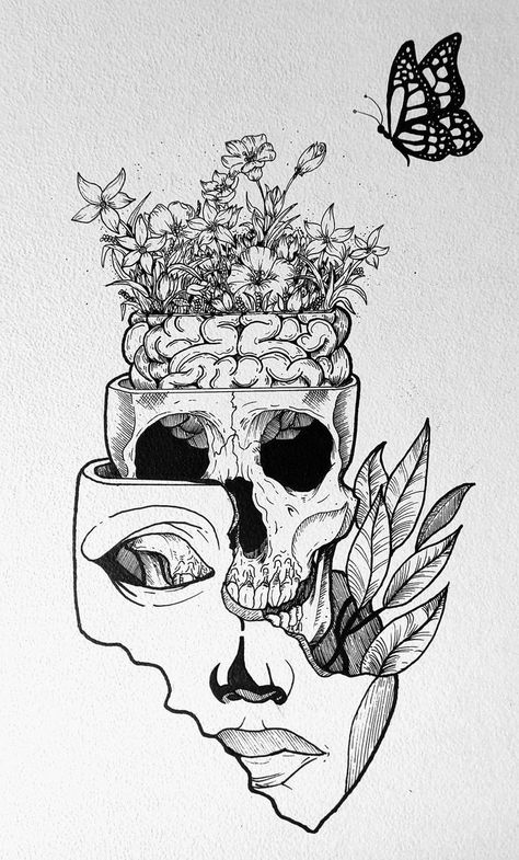 Skull And Face Drawing, Small Realistic Drawings, Chiropractor Tattoo, Pencil Art Drawings Aesthetic Easy Black, Flowers Growing Out Of Skull, Pen Art Work Drawings, Skull Art Drawing Sketches, Skull Drawing Sketches, Pen Art Work