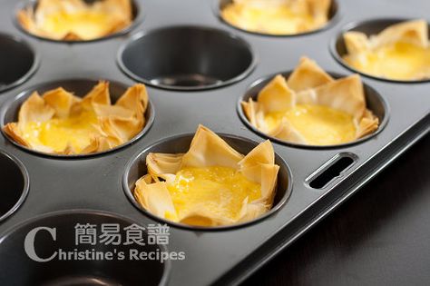 Chinese Egg Custard Tart Recipe, Custard Pastries, Philo Dough, Phyllo Dough Recipes, Phyllo Recipes, Phyllo Pastry, Phyllo Cups, Chinese Egg, Pasta Fillo