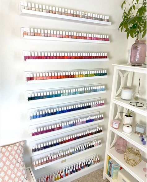 Nail Polish Shelves, Nail Polish Wall, Nail Polish Wall Rack, Nail Polish Shelf, Nail Room Ideas, Nail Salon Interior Design, Nail Salon Interior, Home Beauty Salon, Nail Station