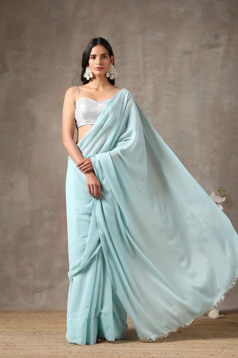 Light Colour Sarees Party Wear, Sky Blue Saree With White Blouse, Light Blue Saree, White Sarees, Sky Blue Saree, Sequence Blouse, Formal Saree, Improve Your Style, Chiffon Sarees