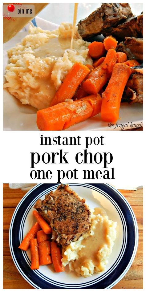 Instant Pot Pork Chop One-Pot Meal is classic Midwestern comfort with all the fixins\': seasoned thick-cut pork chops, mashed potatoes with luscious cream gravy & carrots that just about steal the show! A fave of my folks, who are in their 90s now! #PorkChops #InstantPotPorkChops #InstantPotPorkChopOnePotMeal Pressure Cooker Pork Chops, Instant Pot Pork Chops, Pork Chop Recipes Crockpot, Instant Food, Cream Gravy, Pork Chops And Potatoes, Easy Pork Chop Recipes, Pork Chop Recipes Baked, Pork Chop Dinner