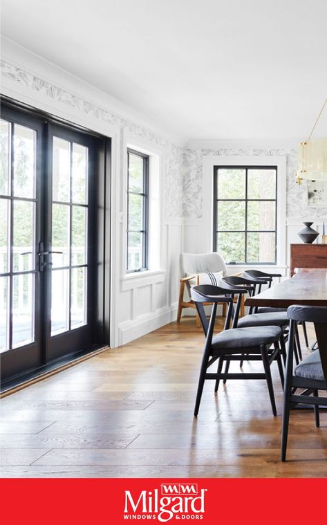 Black French patio doors add a dark elegance to this farmhouse dining room. French doors are available in both sliding door and swinging door operating styles, so, you can achieve the look, no matter which operating style you choose. Featuring Ultra™️ Series Patio Doors in Black Bean. #patiodoorideas #frenchpatiodoors #patiodoormakeover #replacementpatiodoors #newpatiodoorideas Milgard Doors, French Doors Living Room, Black French Doors, Interior Patio, Black Homes, French Doors Bedroom, Black Window Frames, Door Living Room, French Door Curtains