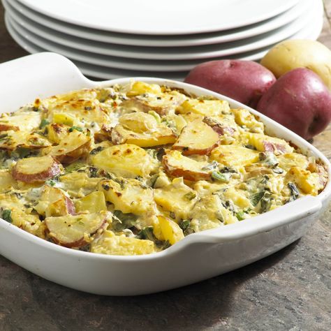 A delicious and nutritious twist on a classic. Like casseroles? See this delicious Greek potato casserole recipe. Hashbrown Casserole Recipe, Greek Potatoes, Artichoke Recipes, Potatoe Casserole Recipes, Spinach Artichoke, Spinach And Cheese, Potato Casserole, Potato Dishes, Veggie Sides