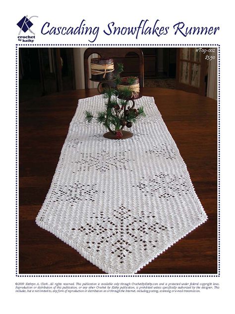 Cascading Snowflakes Table Runner - Kathryn Clark Crochet Crochet Christmas Table Runner, Crochet Christmas Table, Table Cloth Ideas, Table Runner Crochet, Crochet Table Cloth, Runner Crochet, Christmas Table Runner Pattern, Table Runner Tutorial, Cloth Ideas