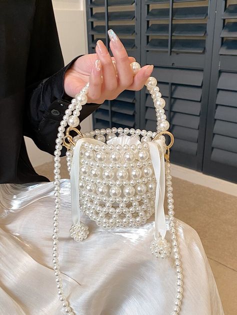 Mini Bucket Bag Faux Pearl Beaded Design | SHEIN USA Lipstick Designs, Pearl Clutch, Mini Bucket Bag, Diy Bags Patterns, Mini Bucket Bags, Mini Bucket, Pearl Bag, Novelty Bags, Beaded Handbag