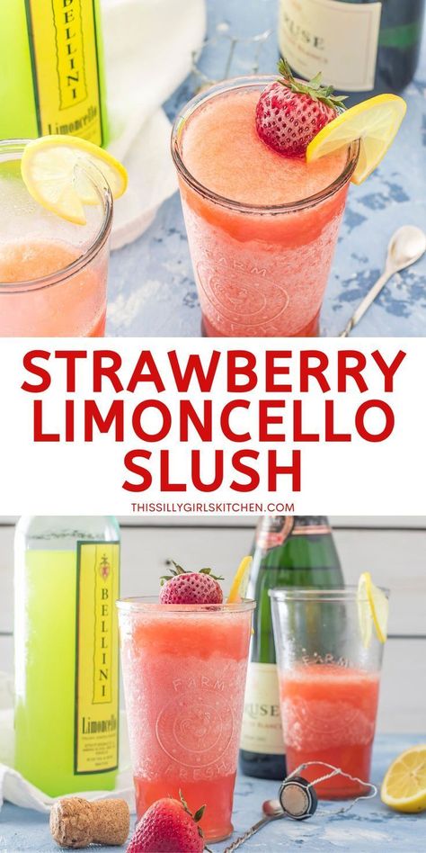 Strawbery Lemoncello Slush Recipe Strawberry Frozen Drinks, Strawberry Alcohol Drinks, Frozen Summer Cocktails, Strawberry Cocktail Recipe, Limoncello Drinks, Limoncello Cocktail, Slushy Drinks, Limoncello Cocktails, Frozen Drink Recipes