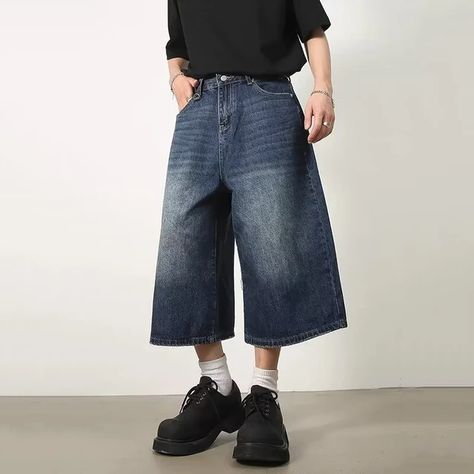 Vintage Y2k Baggy Denim Shorts Wide Leg Pants For Women&Men Fashion High Waisted Wash Knee Length Jeans Shorts Oversize Pants - AliExpress Oversize Jeans, Neutral Pants, Retro Inspired Fashion, Shorts Female, Jeans Female, Wide Leg Pants Outfit, Summer Neutrals, Jeans Summer, Pants Male