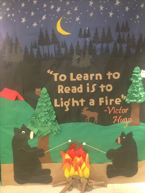 Done 2017/2018 Camping Classroom Decorations, School Camping Theme Ideas, Camping Reading Corner, Woodland Themed Classroom, Camping Door Decorations For School, Campfire Bulletin Board Ideas, Woodland Bulletin Board Ideas, Camping Decorations For Classroom, Wilderness Theme Classroom