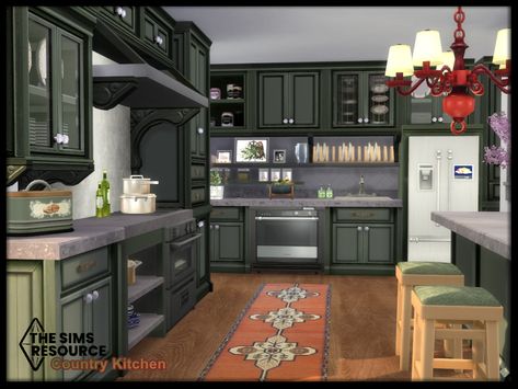 seimar8's Country Kitchen set Sims Resource Kitchen, Sims 4 Sims Resource, The Sims 4 Cc Home, Sims 4 Cc Home Decor, Sims 4 Kitchen Cabinets, Country Kitchen Backsplash, Country Kitchen Shelves, Country Kitchen Sink, Country Kitchen Island