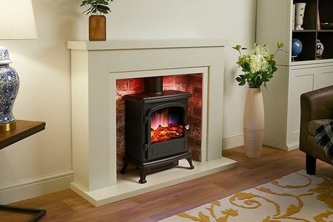 Endeavour Fires Farlington Electric Fireplace, Black Log Burner Stove in 48’’ Off White Surround, LED Downlights with Remote Control (White Top/Rustic Brick) : Amazon.co.uk: DIY & Tools Fireplace Ideas With Electric Fireplace, Traditional Electric Fireplace Ideas, Brick Electric Fireplace, Brick Effect Panels, Empty Fireplace Ideas, Empty Fireplace, Electric Fireplace Ideas, Electric Stove Fireplace, Electric Log Burner