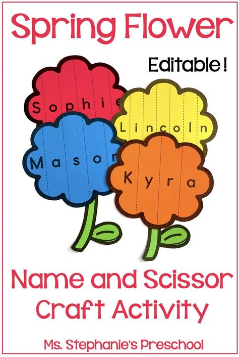 Spring Flower Name and Scissor Craft Activity Name Flower Craft, Flower Name Craft, Preschool Flower Theme, Preschool Scissors Activities, Spring Flowers Names, Scissor Activities, Preposition Activities, Spring Flower Crafts, Kindergarten Classrooms