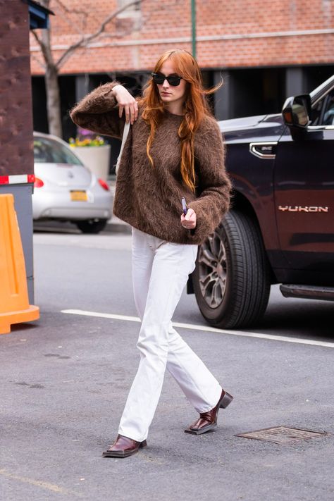 Mohair Sweaters Are Trending for Winter—Here’s How to Ace the Look | Glamour Sophie Turner And Maisie, New York In March, Sophia Turner, Sophie Turner Style, Practical Outfits, Old Money Aesthetics, Sustainable Knitwear, Leni Klum, Brown Outfits