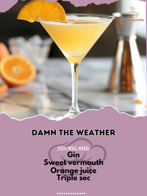 🍸 Try the classic Damn the Weather for a citrusy delight! #ClassicCocktail #CitrusSip Damn the Weather Ingredients: Gin (1 oz) Sweet vermouth (1 oz) Orange juice (1 oz) Triple sec (1/2 oz) Ice (as needed) Orange slice (for garnish) Instructions: Combine gin, sweet vermouth, orange juice, and triple sec in a shaker with ice. Shake well and strain into a chilled cocktail glass. Garnish with an orange slice. Savor the refreshing blend of flavors! 🍊🍸 #DamnTheWeather #CitrusDelight #RefreshingSip Fruity Rum Drinks, Damn The Weather, Glass Garnish, Sweet Vermouth, Cocktail Party Food, Yummy Alcoholic Drinks, Orange Slice, Rum Drinks, Mixed Drinks Recipes