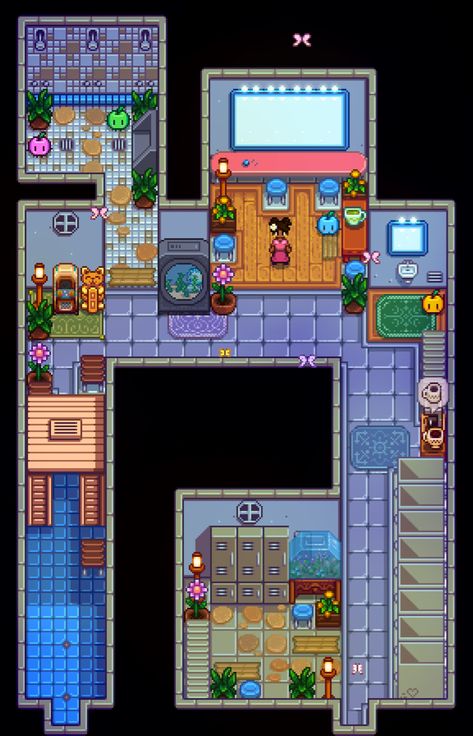 Stardew Valley Train Station Layout, Bus Stop Sdv, Stardew Valley Sewer Decoration, Sdv Decoration Ideas, Stardew Valley Krobus Room, Stardew Valley House Color, Stardew Bus Stop Design, Stardew Valley Desert, Stardew Town Decoration