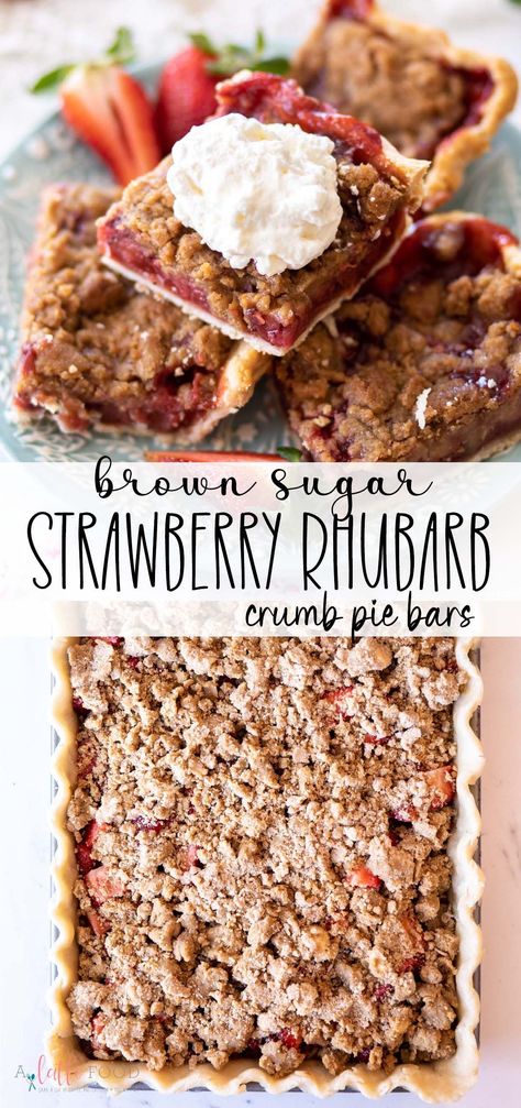 These Strawberry Rhubarb Crumb Bars have a pastry crust, homemade strawberry rhubarb pie filling, and are topped with a brown sugar crumb. Rhubarb Pie Filling, Strawberry Rhubarb Pie Filling, Rhubarb Desserts Recipes, Strawberry Rhubarb Recipes, Best Rhubarb Recipes, Rhubarb Recipes Pie, Favorite Pie Recipes, Crumb Bars, Rhubarb Desserts