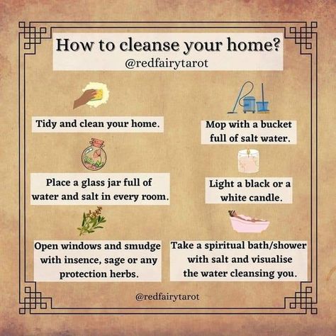 House Cleaning Magick, Cleansing Methods Witchcraft, House Cleaning Witchcraft, House Cleansing Ritual Protection Spells, House Cleaning Tips Witch, Witchcraft Cleaning House, Witch Cleansing Ritual, Cleaning Ritual Witch, Witchy Tips For New Home