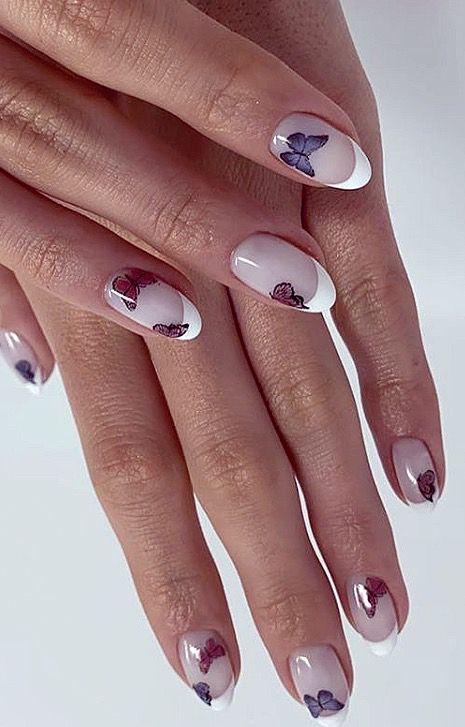 Nail Ideas With Butterflies French Tip, Butterfly Decal Nails, Nude Nails With Butterflies, French Tip Nails With Butterflies, Short Nail Designs Butterfly, Short Butterfly Nails, Round Shaped Nails, Cute Almond Nails, Butterfly Decals