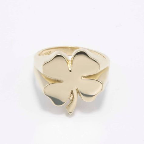 10K Yellow Gold Shiny Four-Leaf Clover Signet Ring * Metal : Real 10K Gold (Properly Stamped, 10K) * Condition : Brand New * Finish : Polished * Average Weight : 4.99 grams * Size : 8 * Width : 17.5mm x 16.5mm = Just under 3/4" x 5/8" * Clasp/Bail : Can be resized down or up at your local jeweler. All of our items are brand new and are shipped with a gift box. Wax Carved Ring, Clover Ring, Average Weight, Four Leaves, Funky Jewelry, Four Leaf, Jewelry Business, Dream Jewelry, Leaf Clover