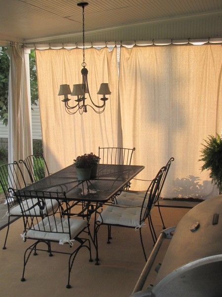 For privacy? Porch Curtains, Patio Curtains, Enclosed Patio, Drop Cloth Curtains, Curtain Ideas, Outdoor Curtains, Pergola Patio, Deck Ideas, Diy Curtains