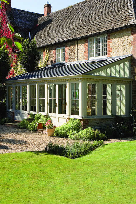 House With Conservatory Exterior, Victorian Lean To Conservatory, Adding A Conservatory, Lean To Solarium, Sunroom Lean To, Lean To Orangery, Conservatory Addition To House, Lean To Sunroom Addition, Conservatory Entrance To House