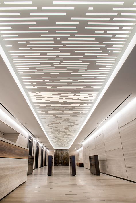 CUNY Lobby Feature - Amuneal: Magnetic Shielding & Custom Fabrication Feature Ceiling Design, Ceiling Feature Design, Commercial Ceiling Design, Leather Sofa Styling, Soffit Design, Lobby Lighting Design, Lobby Ceiling Design, Office Lighting Ideas, Lobby Ceiling