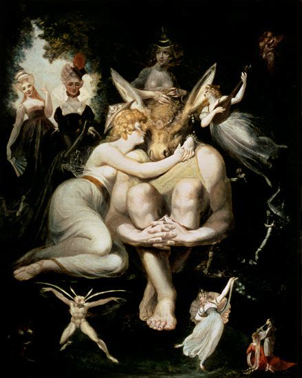 Johann Heinrich Füssli "Titania Awakes, Surrounded by Attendant Fairies, clinging rapturously to Bottom, still wearing the A" Henry Fuseli, Art History Memes, Classical Art Memes, Istoria Artei, History Painting, Fairy Queen, William Blake, William Turner, Arte Obscura