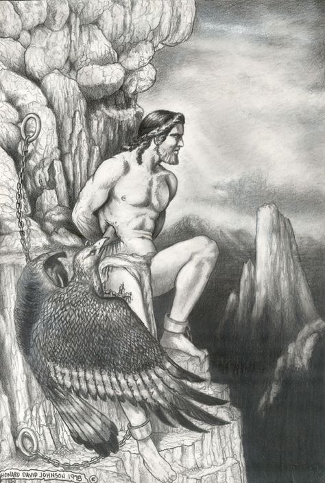 In Greek Mythology, Prometheus steals fire from the gods for human use. He is punished by being eternally tormented as he is bound to a rock. Everyday, an eagle eats his liver. The eagle is an emblem of Zeus in the myth. Prometheus Drawing, Prometheus Mythology, Prometheus Art, Roman Myth, Greece Mythology, The Modern Prometheus, Legends And Myths, Greek Gods And Goddesses, Greek Mythology Art